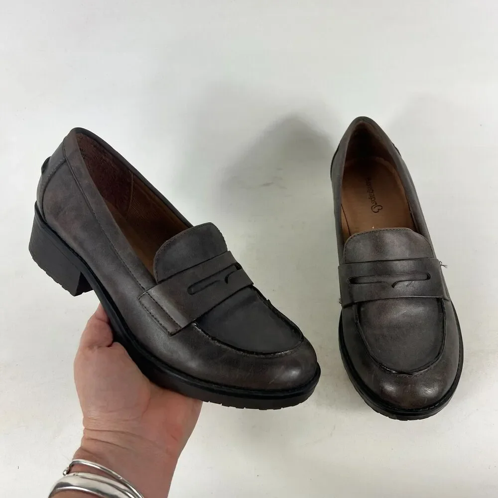 Baretraps Oliva Penny Loafer Women's 8 Charcoal Gray Leather Slip-On Block Heel